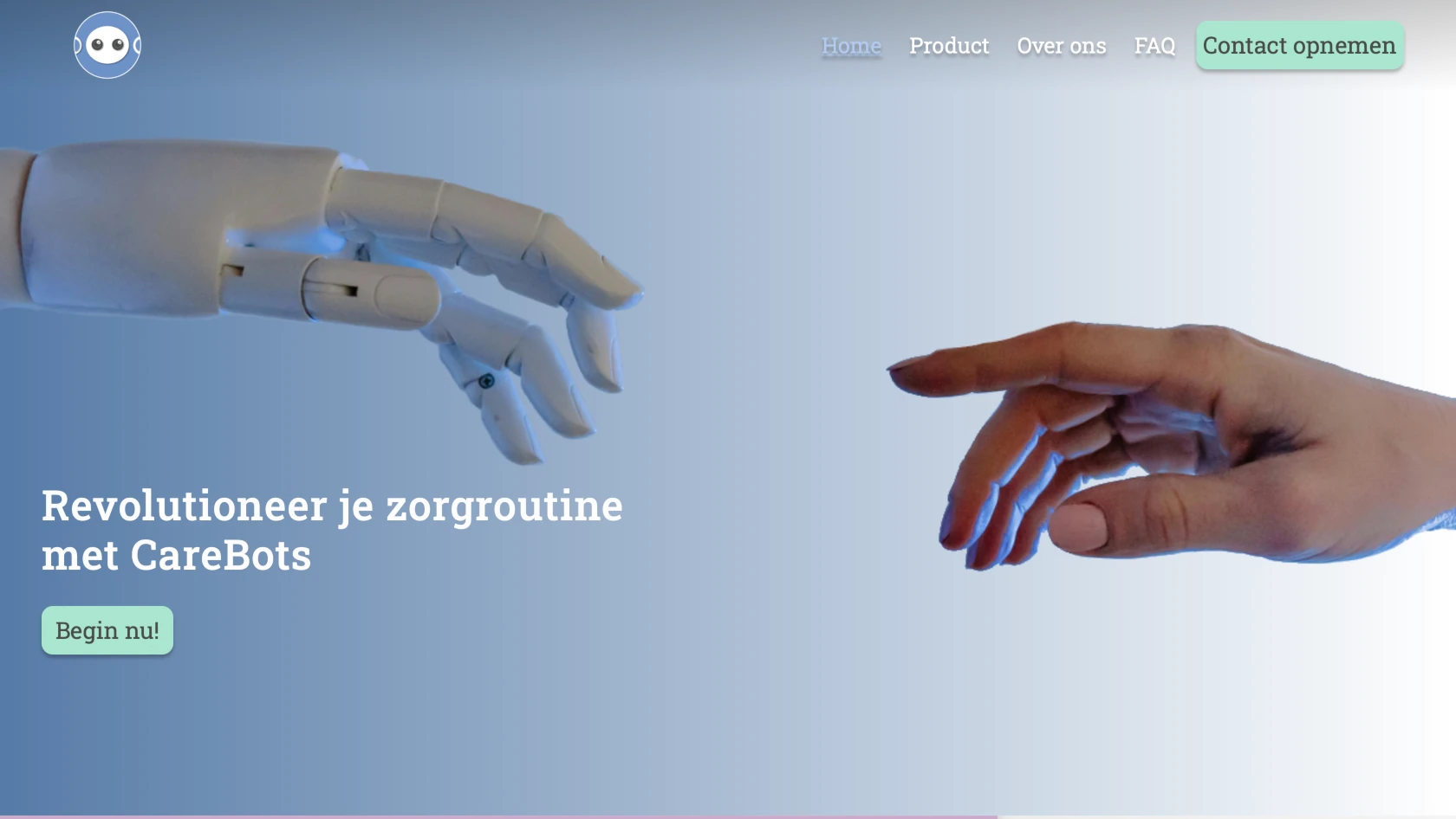 Screenshot van de CareBots frond-end website