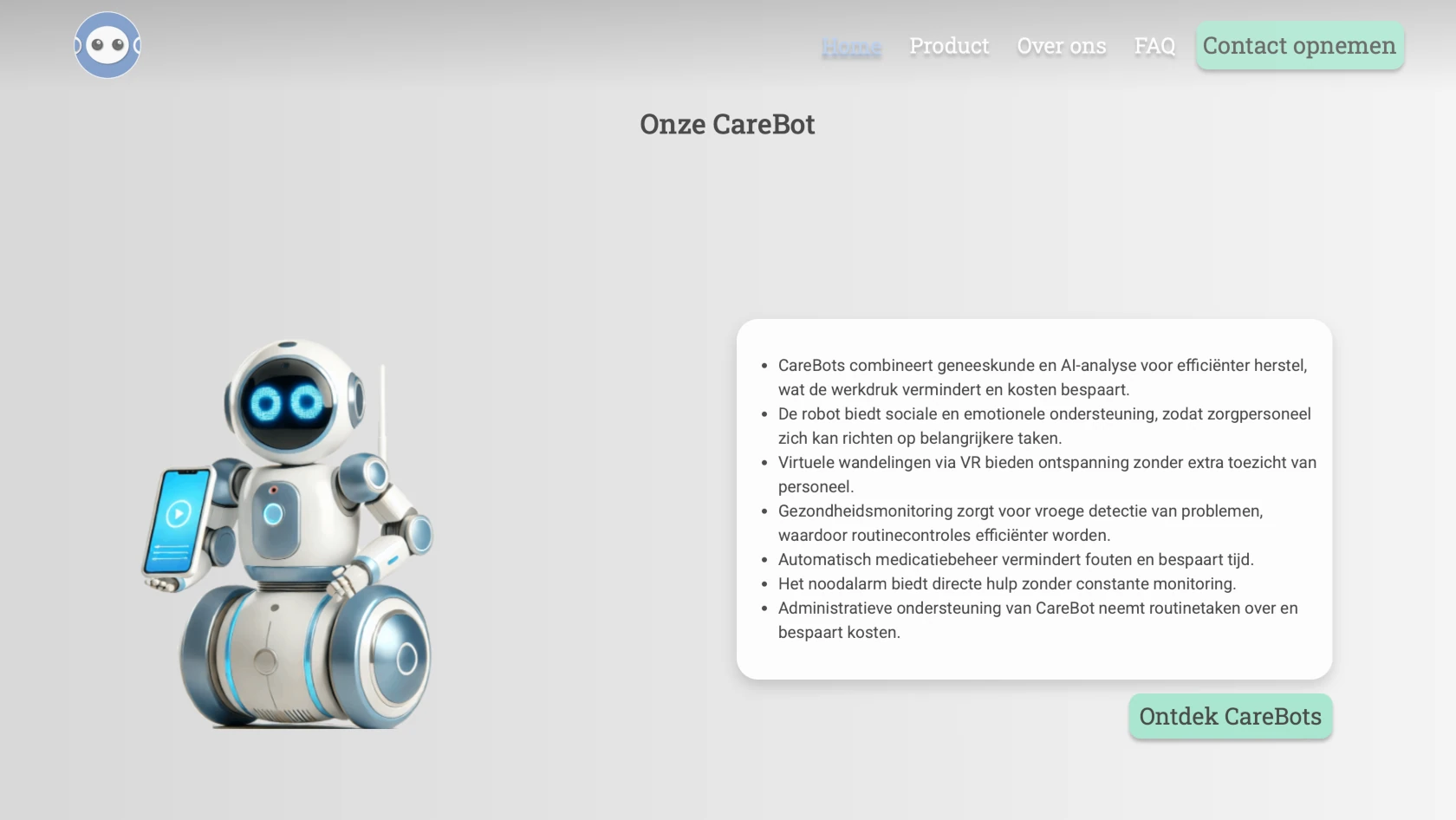 Screenshot, 'over Carebots' pagina