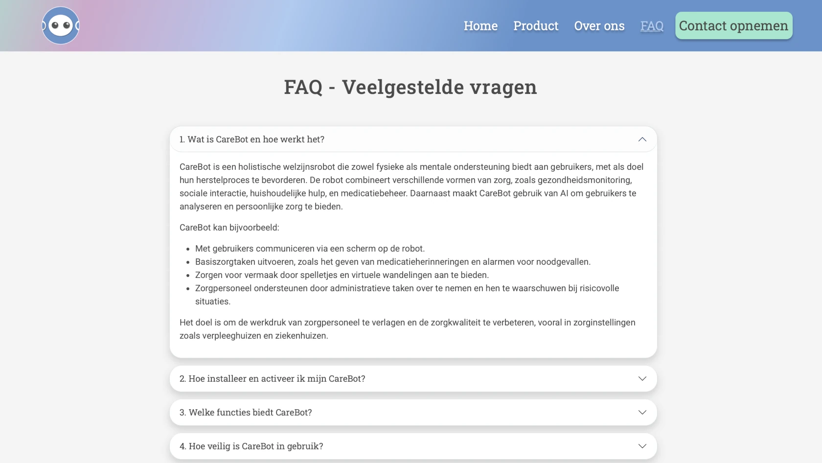 Screenshot, FAQ pagina